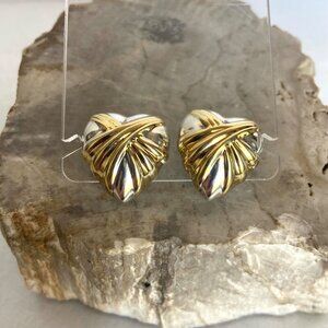 Sterling Silver 925 Gold Vermeil Ribbon Hollow Puffy Heart Stud Earrings